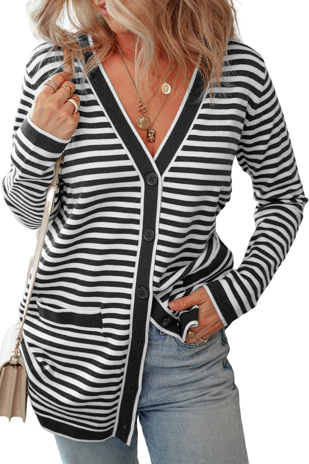 Striped Open Front Long Sleeve Cardigan - Charming Charlie