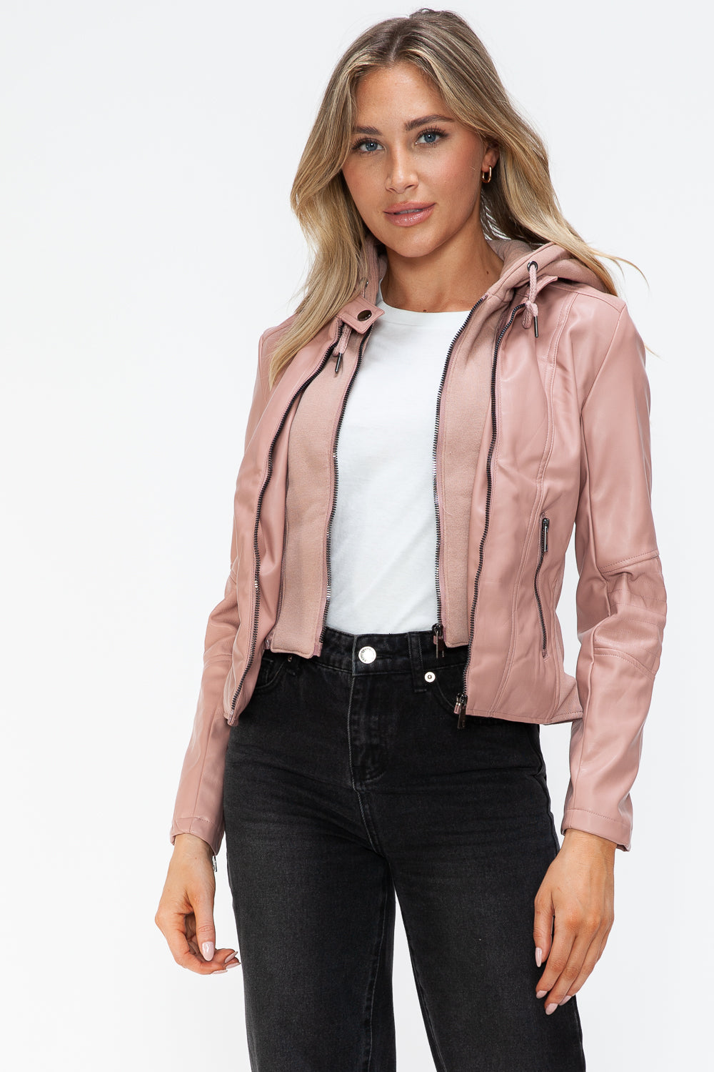 Snobbish Faux Leather Zip Up Drawstring Hooded Jacket - Charming Charlie