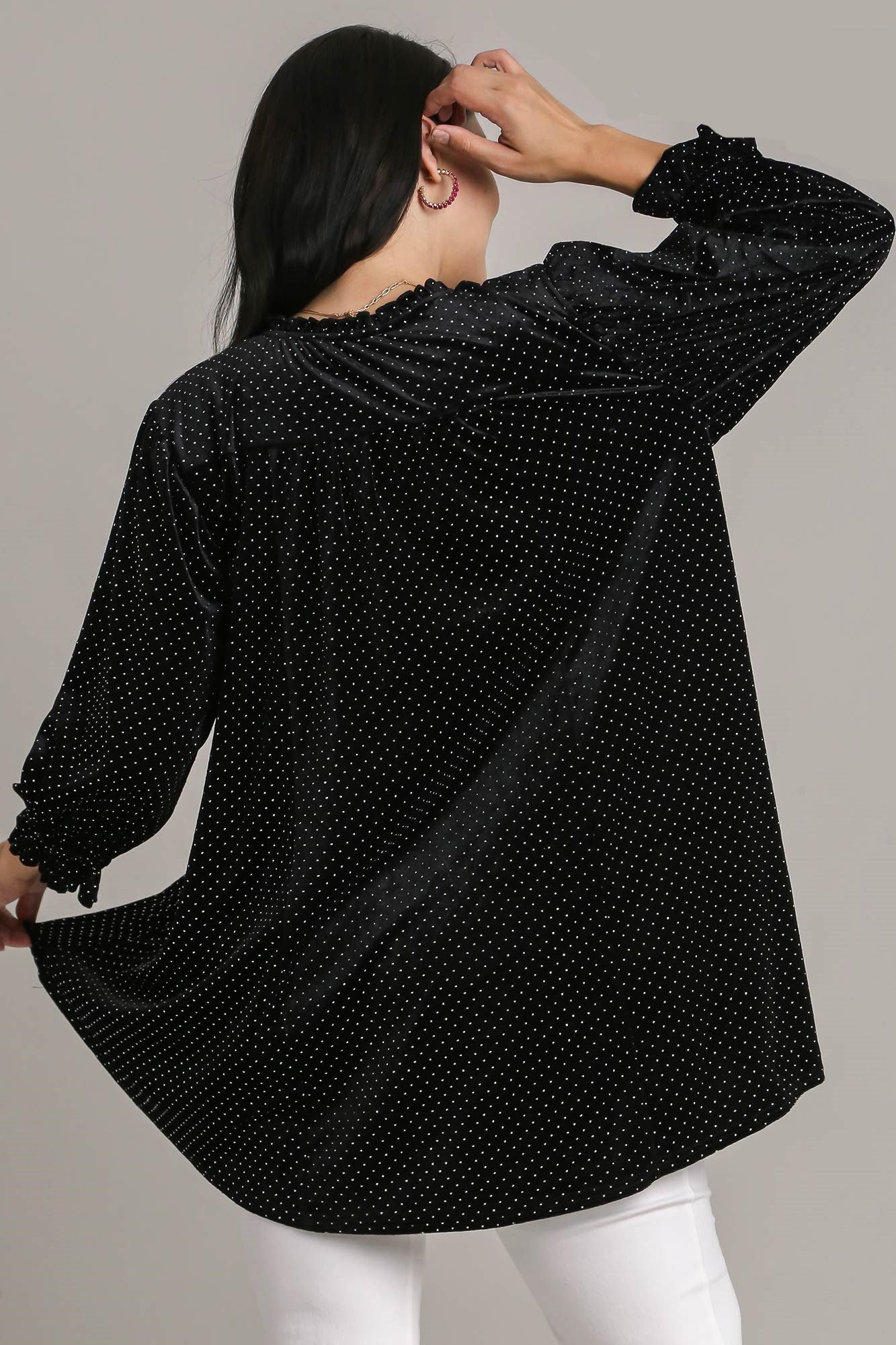 Umgee Full Size Beaded Frill Flounce Sleeve Velvet Babydoll Blouse - Charming Charlie