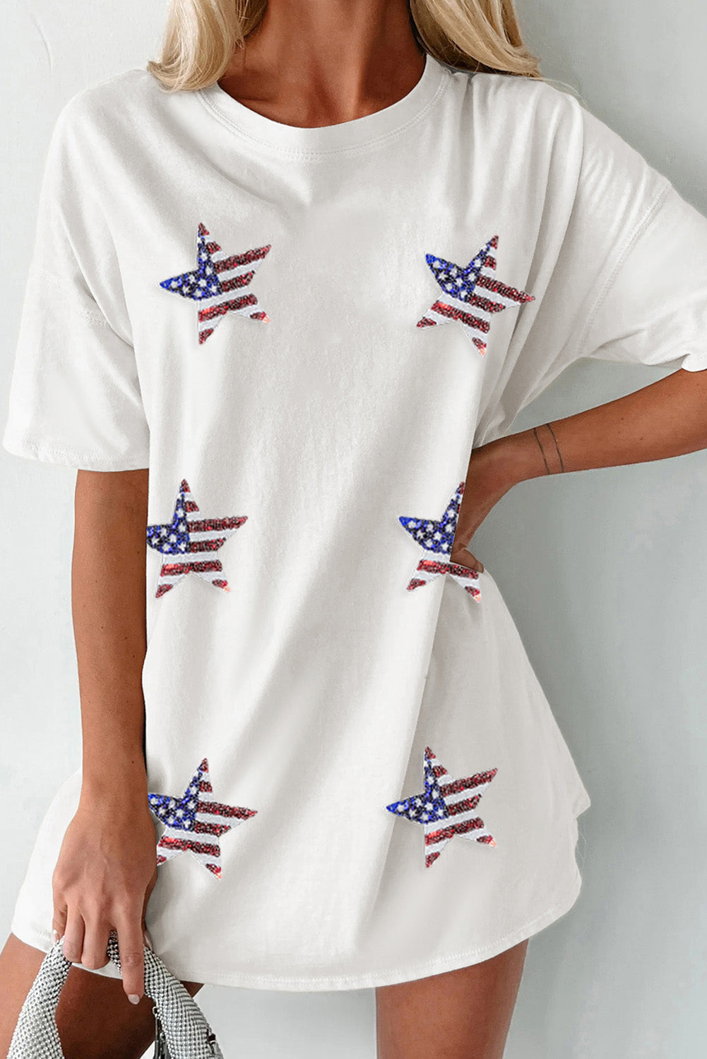 US Flag Star Round Neck Half Sleeve Oversize T-Shirt - Charming Charlie
