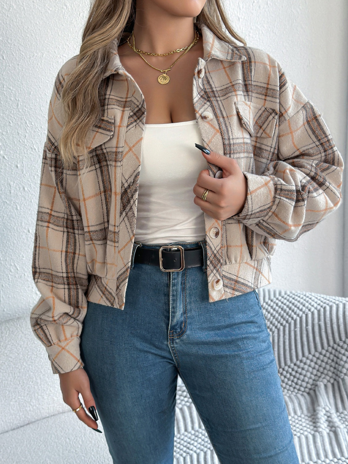 Plaid Button Up Long Sleeve Jacket - Charming Charlie