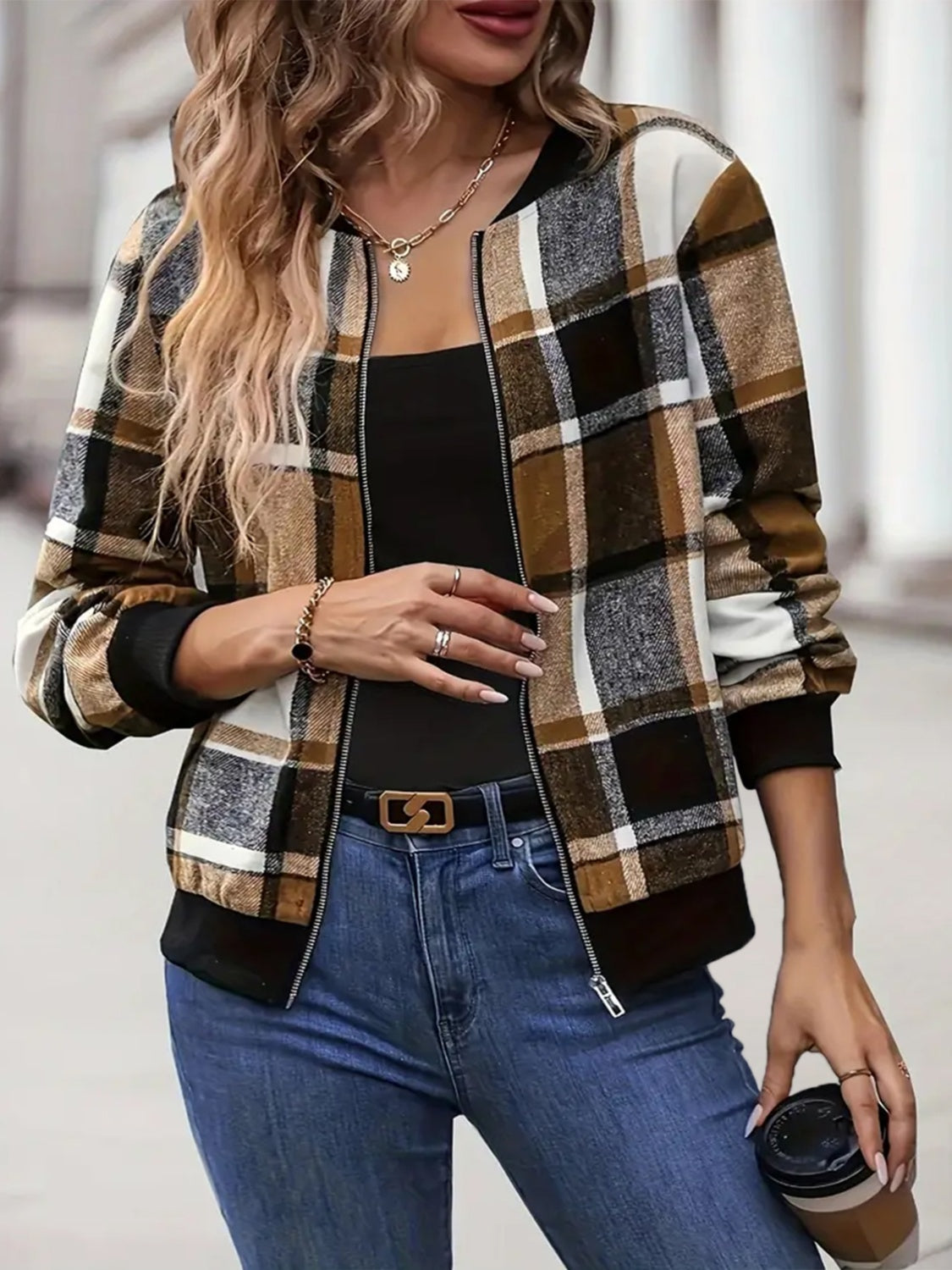 Plus Size Plaid Baseball Collar Zip Up Jacket - Charming Charlie