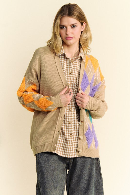 Davi & Dani Argyle V-Neck Dropped Shoulder Cardigan - Charming Charlie