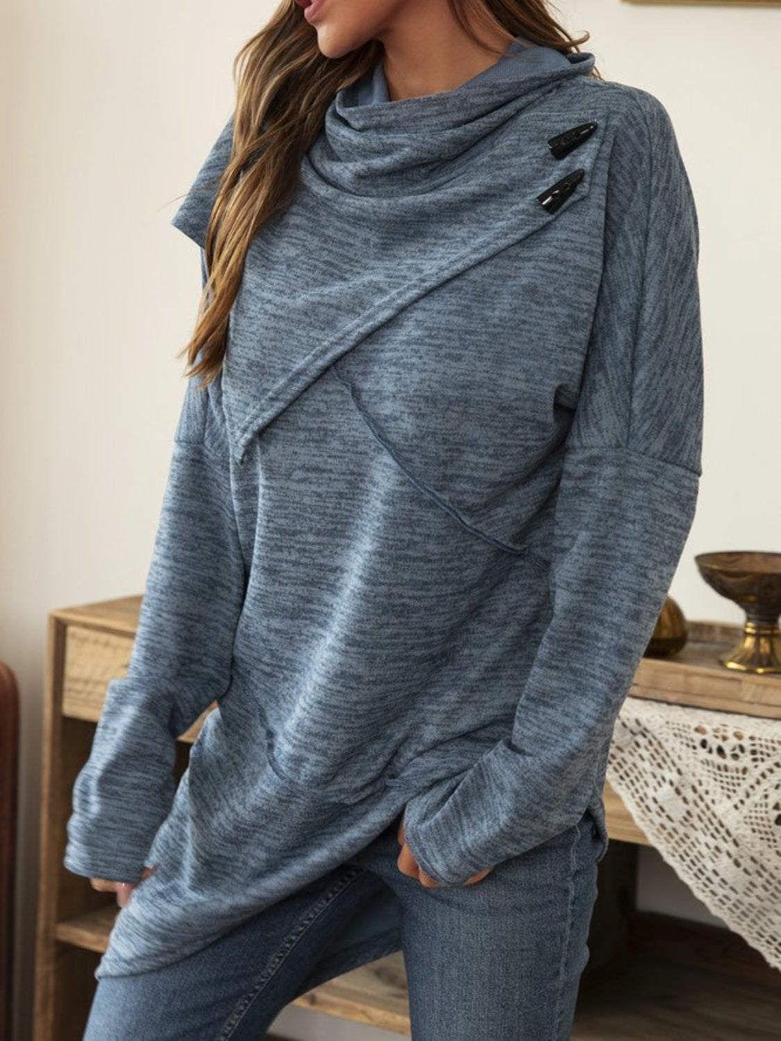 Asymmetrical Hem Cowl Neck Long Sleeve T-Shirt - Charming Charlie