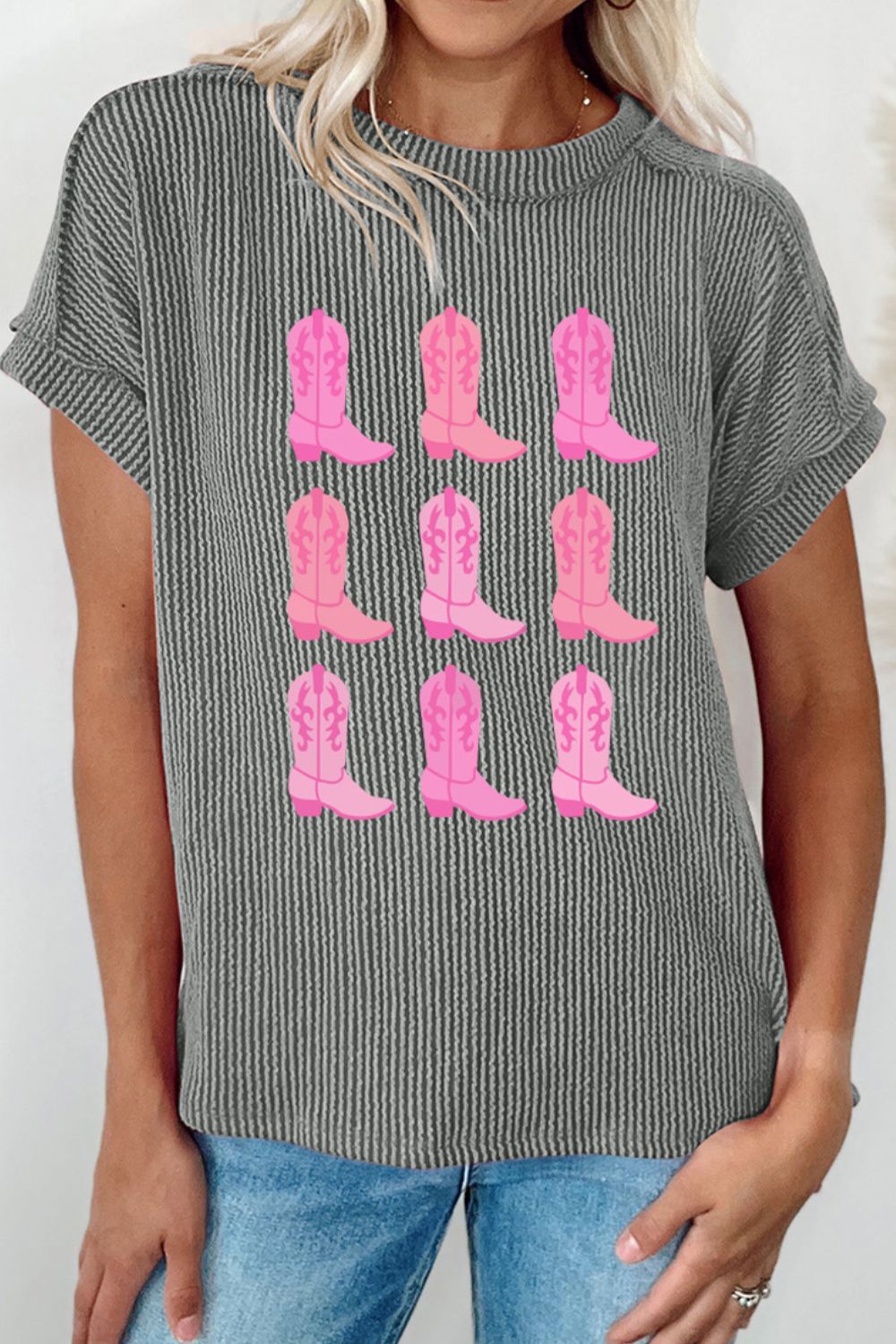 Boots Graphic Striped Round Neck Short Sleeve T-Shirt - Charming Charlie
