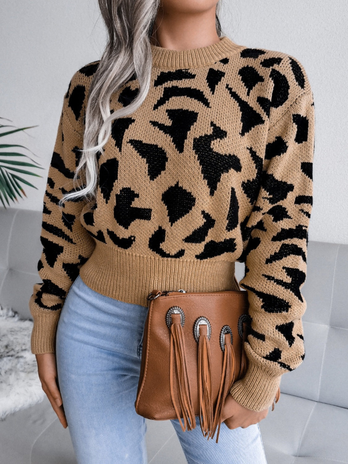 Leopard Round Neck Dropped Shoulder Sweater - Charming Charlie