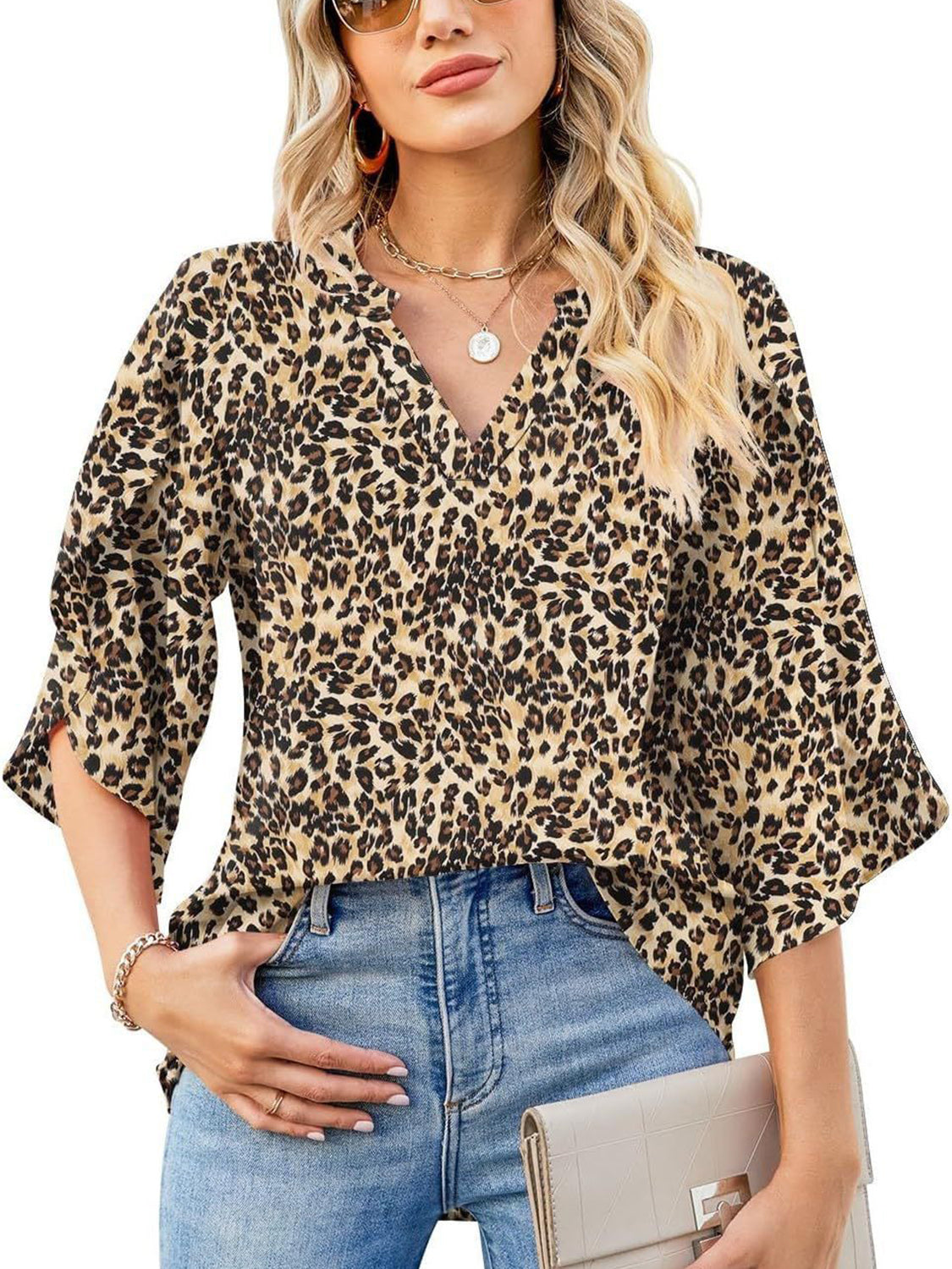 Printed Notched Half Sleeve Blouse - Charming Charlie