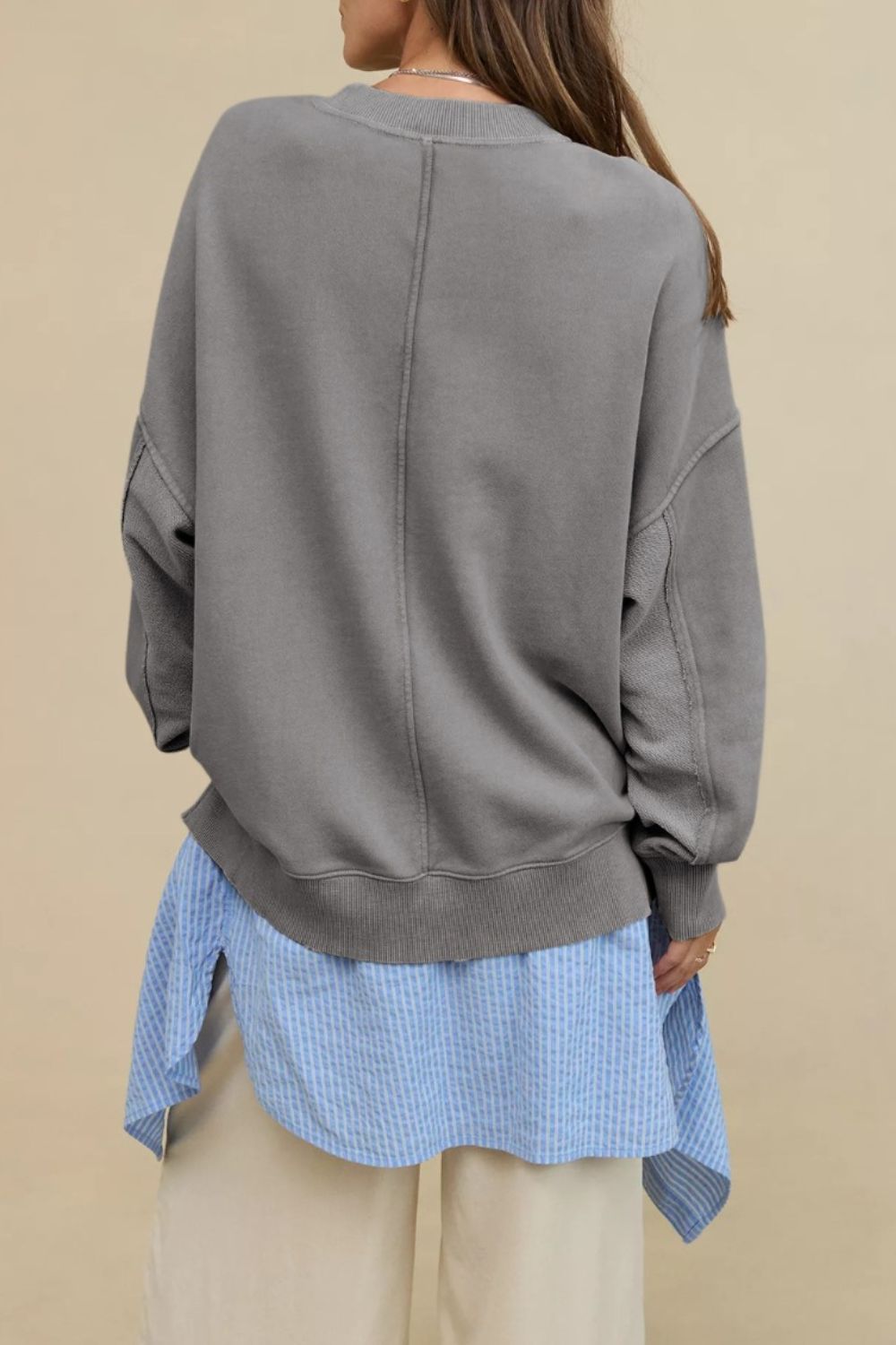 Side Slit Round Neck Long Sleeve Sweatshirt - Charming Charlie
