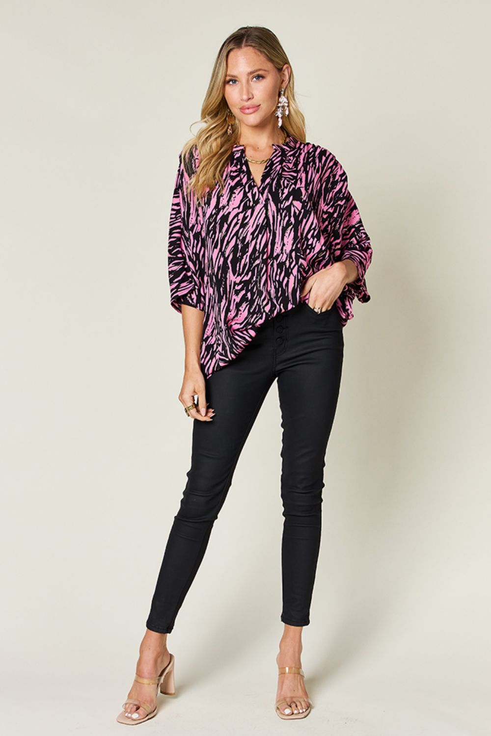 Double Take Full Size Printed Notched Three-Quarter Sleeve Blouse - Charming Charlie