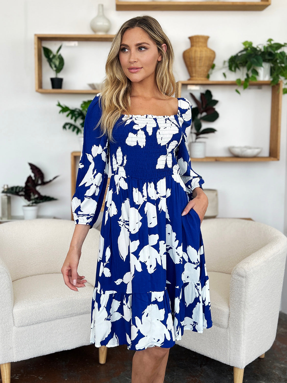 Double Take Full Size Floral Ruffle Hem Smocked Dress with Pockets - Charming Charlie