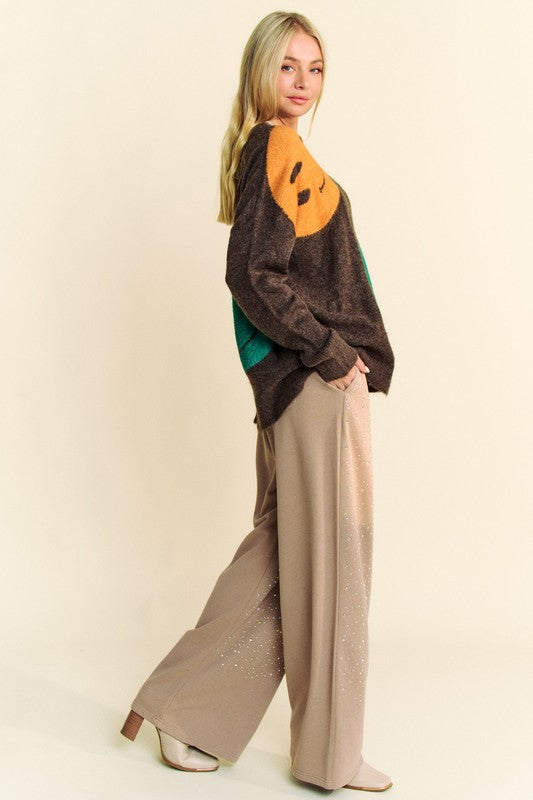 Davi & Dani Contrast Smile Round Neck Oversize Sweater - Charming Charlie