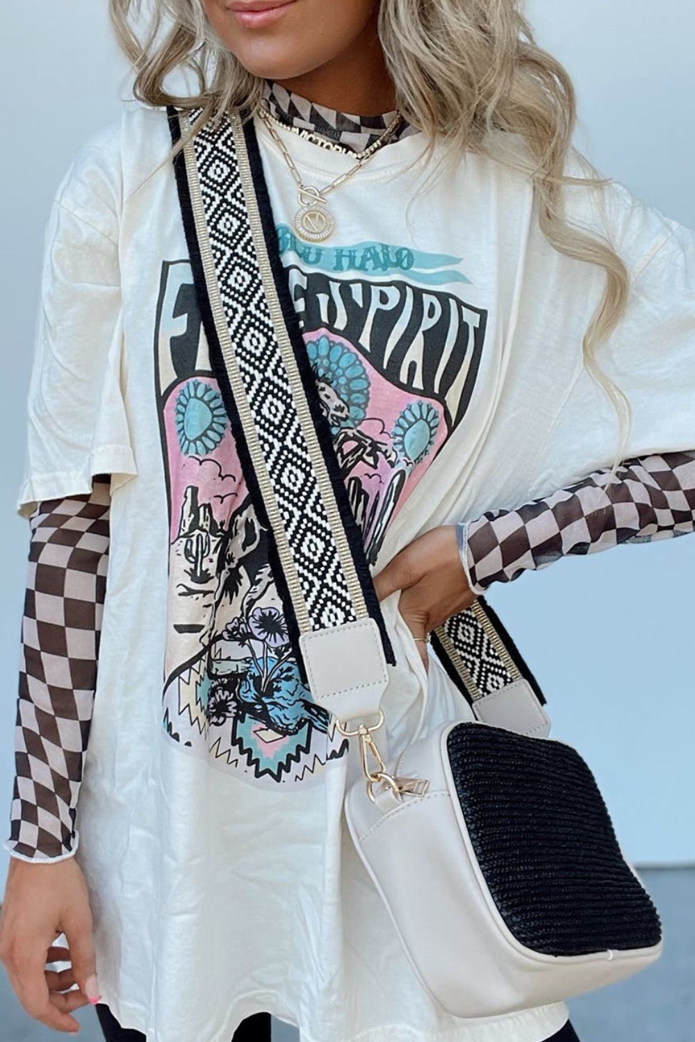 Checkered Mock Neck Long Sleeve Blouse - Charming Charlie