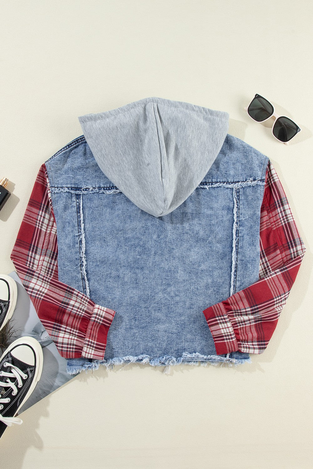 Raw Hem Drawstring Plaid Denim Jacket - Charming Charlie