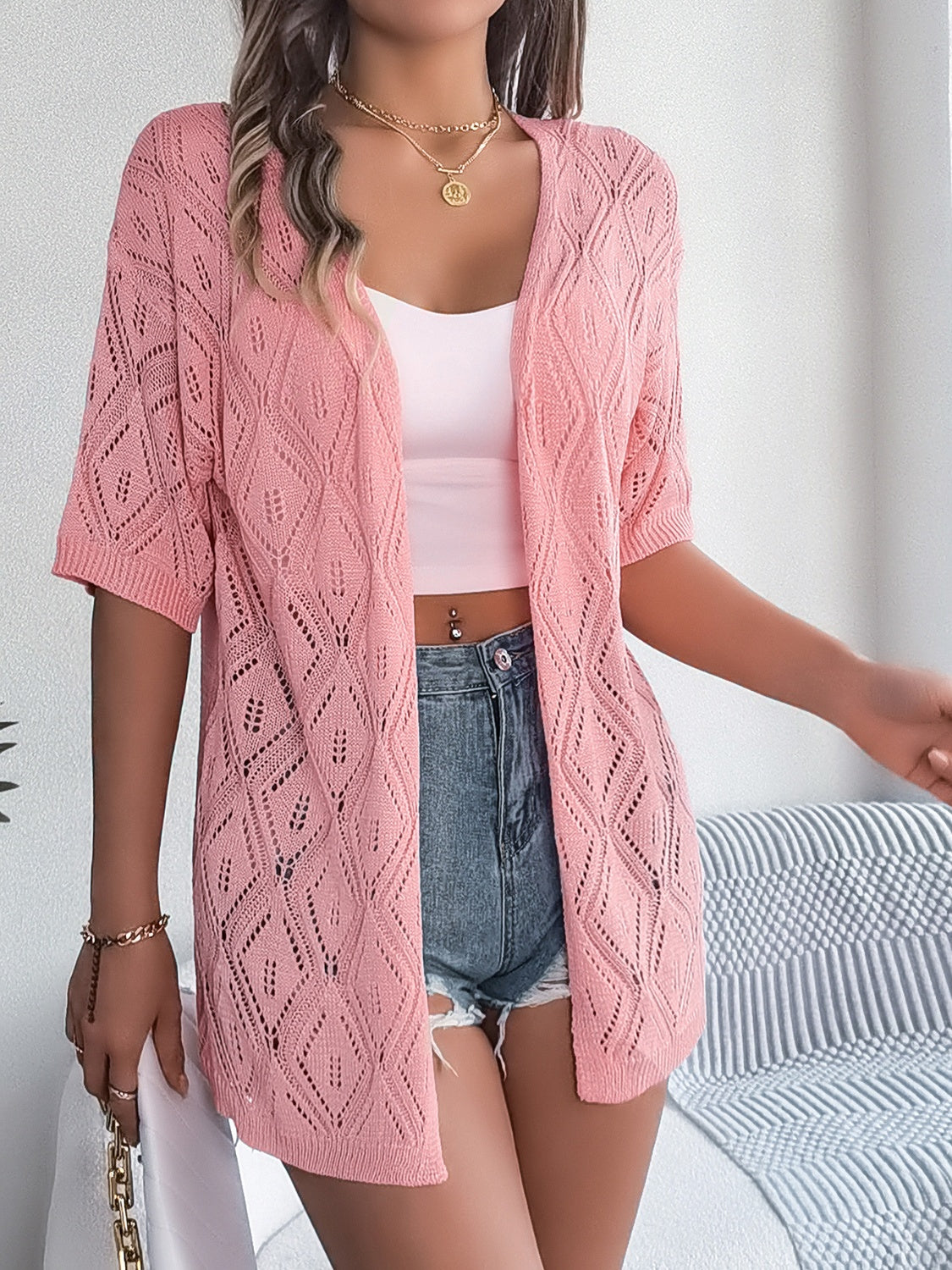 Openwork Open Front Half Sleeve Cardigan - Charming Charlie