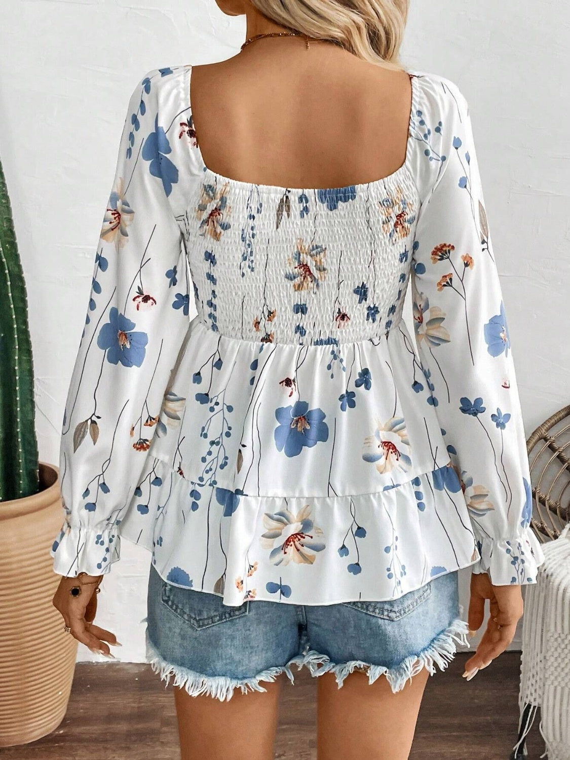 Smocked Floral Scoop Neck Flounce Sleeve Blouse - Charming Charlie