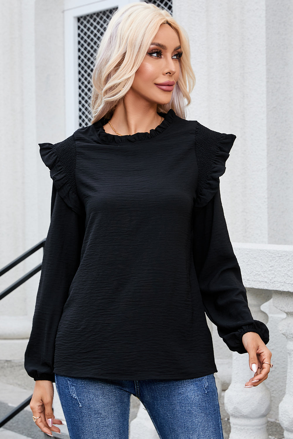 Frill Mock Neck Ruffled Balloon Sleeve Blouse - Charming Charlie