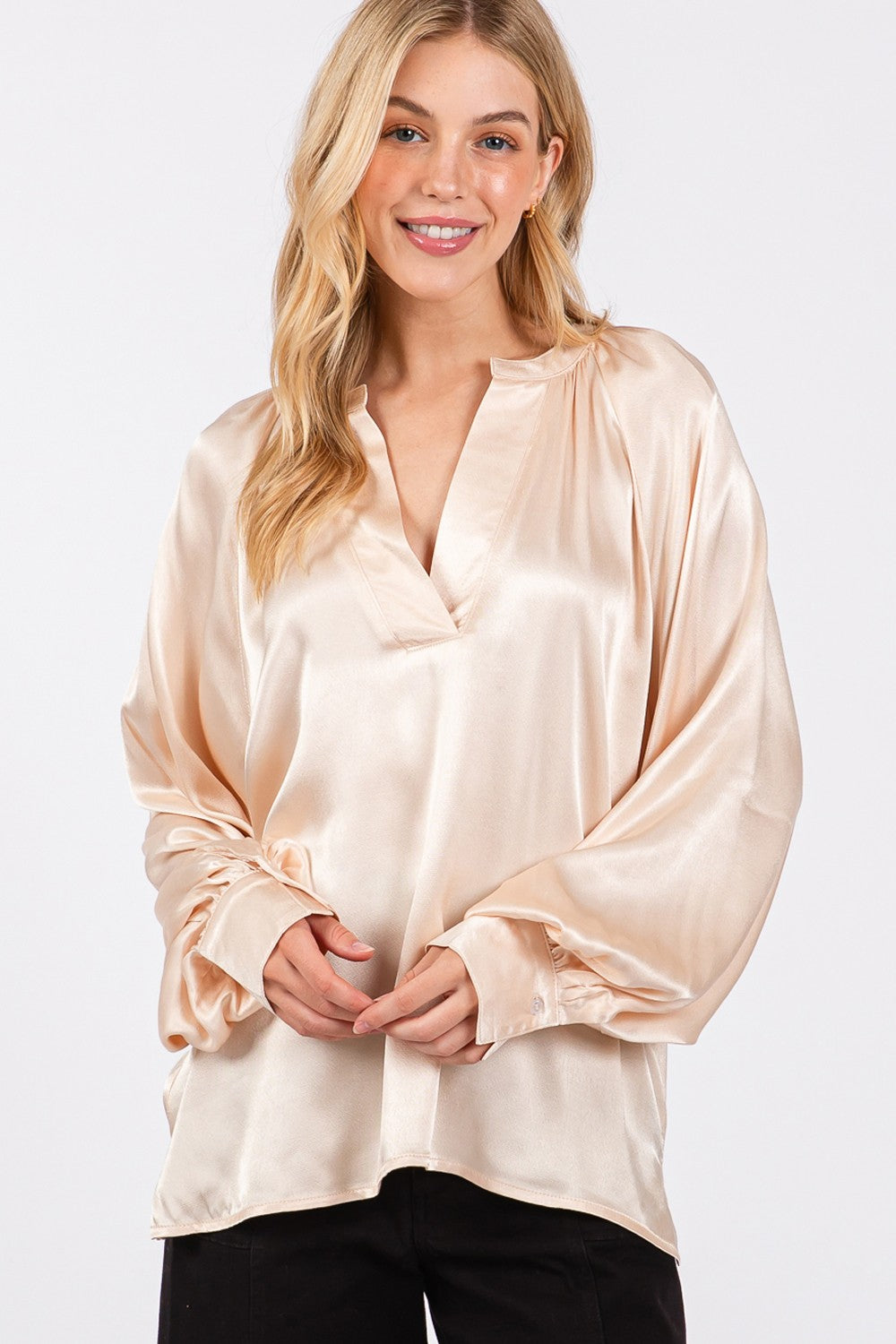 SAGE + FIG Notched Long Sleeve Blouse - Charming Charlie