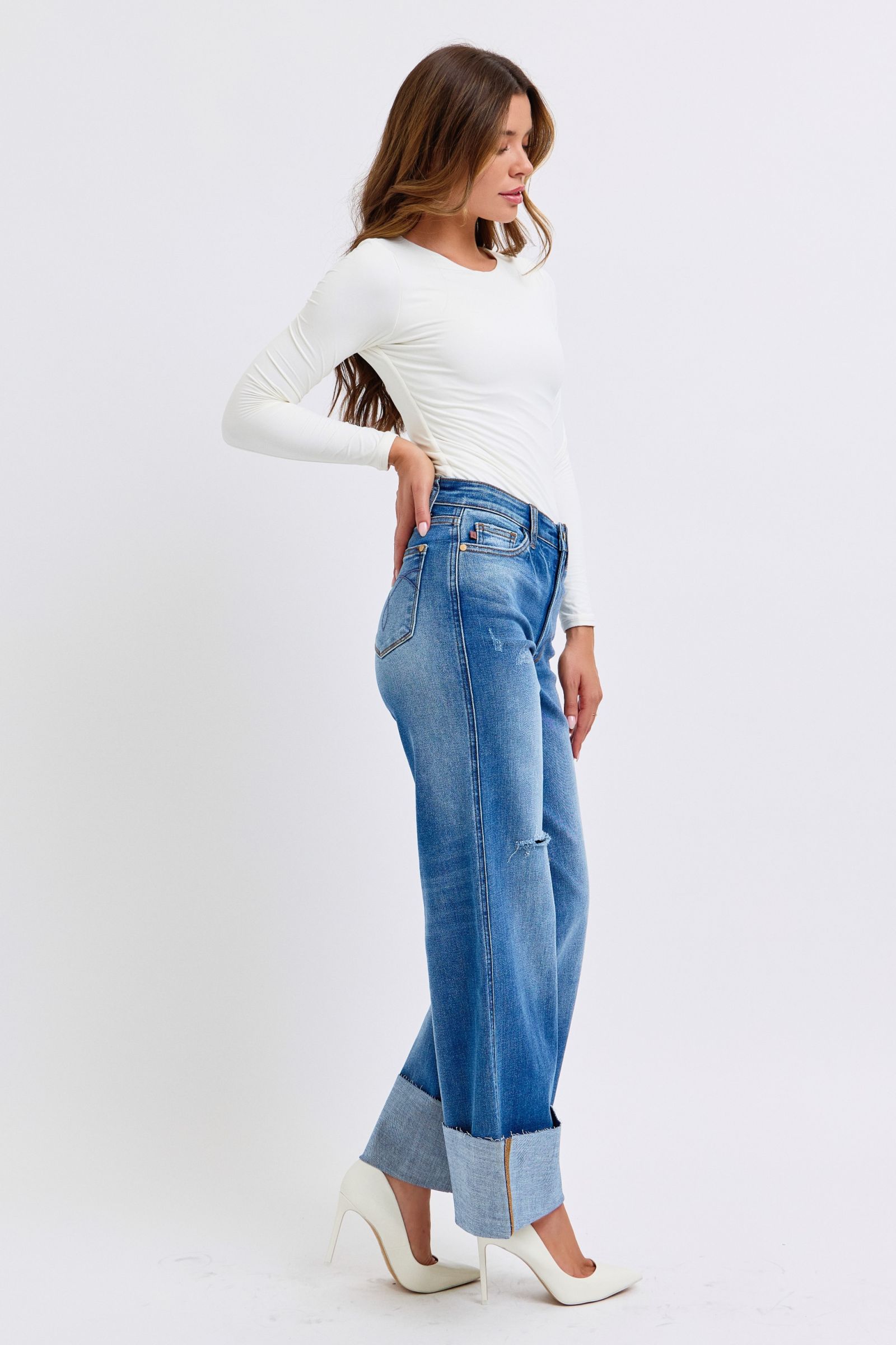 Judy Blue Full Size Distressed High Waist Wide Leg Jeans - Charming Charlie