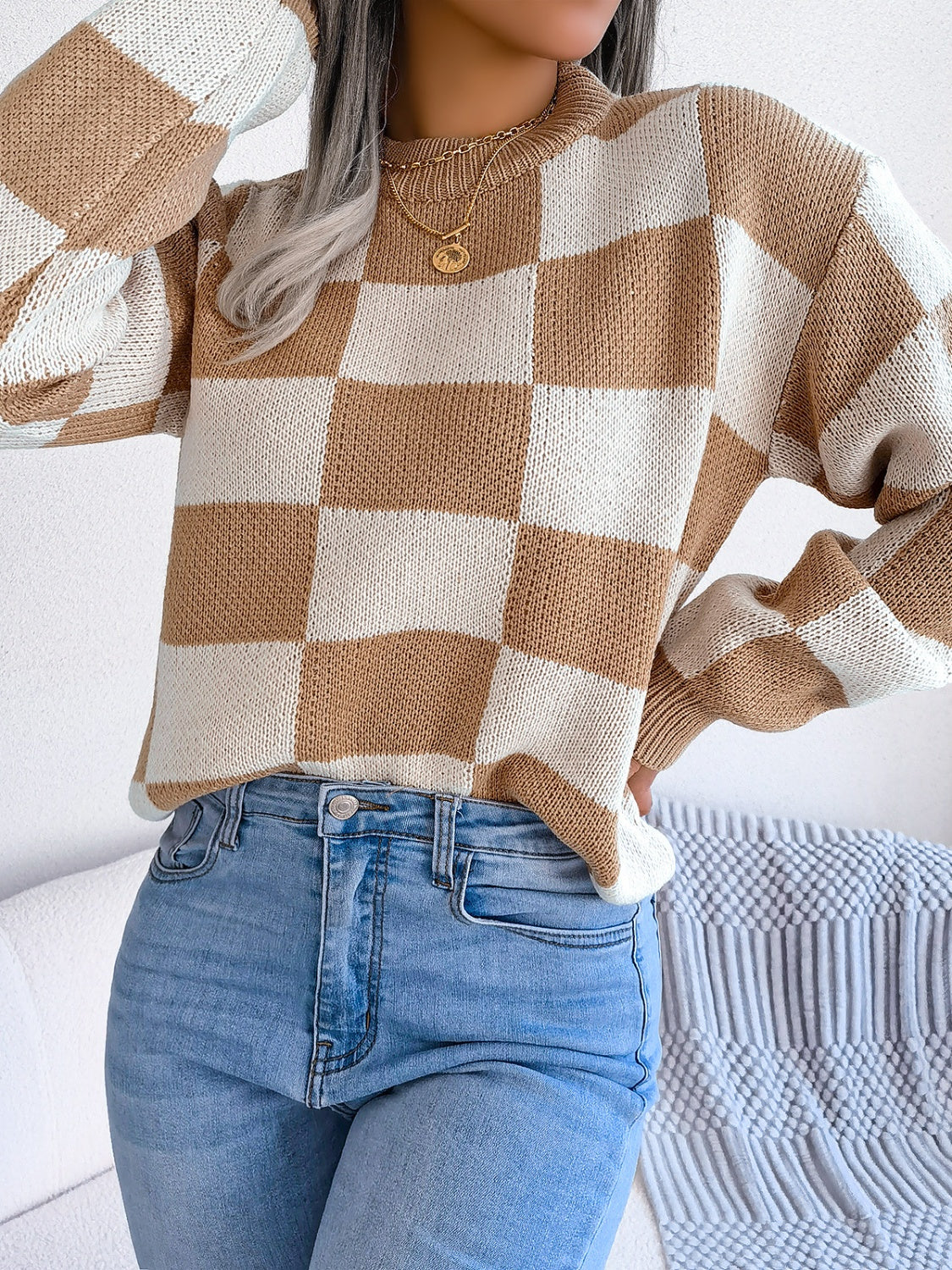 Checkered Mock Neck Long Sleeve Sweater - Charming Charlie