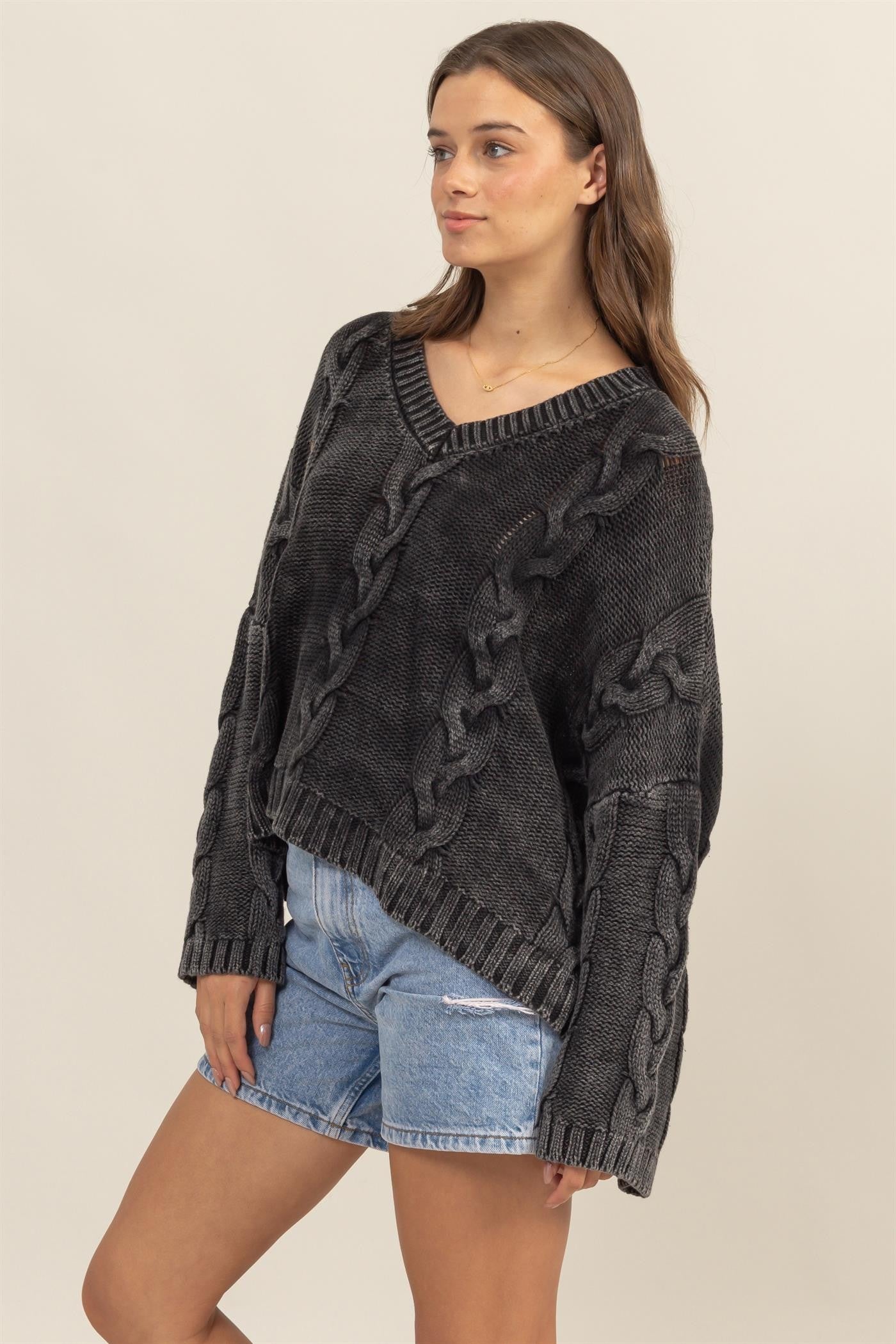 HYFVE Cable Knit V-Neck Dropped Shoulder Oversized Sweater - Charming Charlie