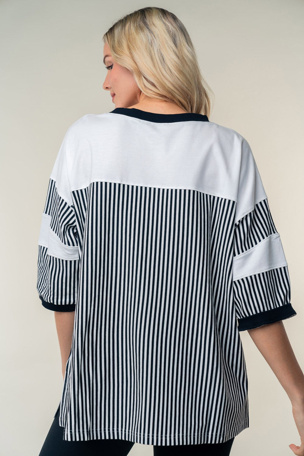 White Birch Full Size Striped Contrast Round Neck Top - Charming Charlie