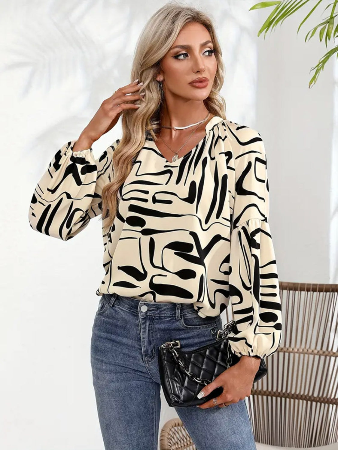 Printed Notched Long Sleeve Blouse - Charming Charlie