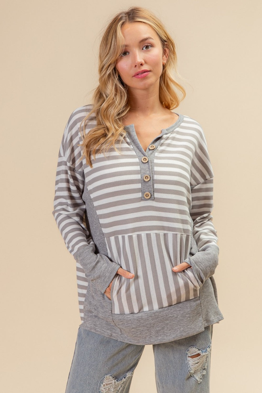 BiBi Striped Thumbhole Long Sleeve Top - Charming Charlie