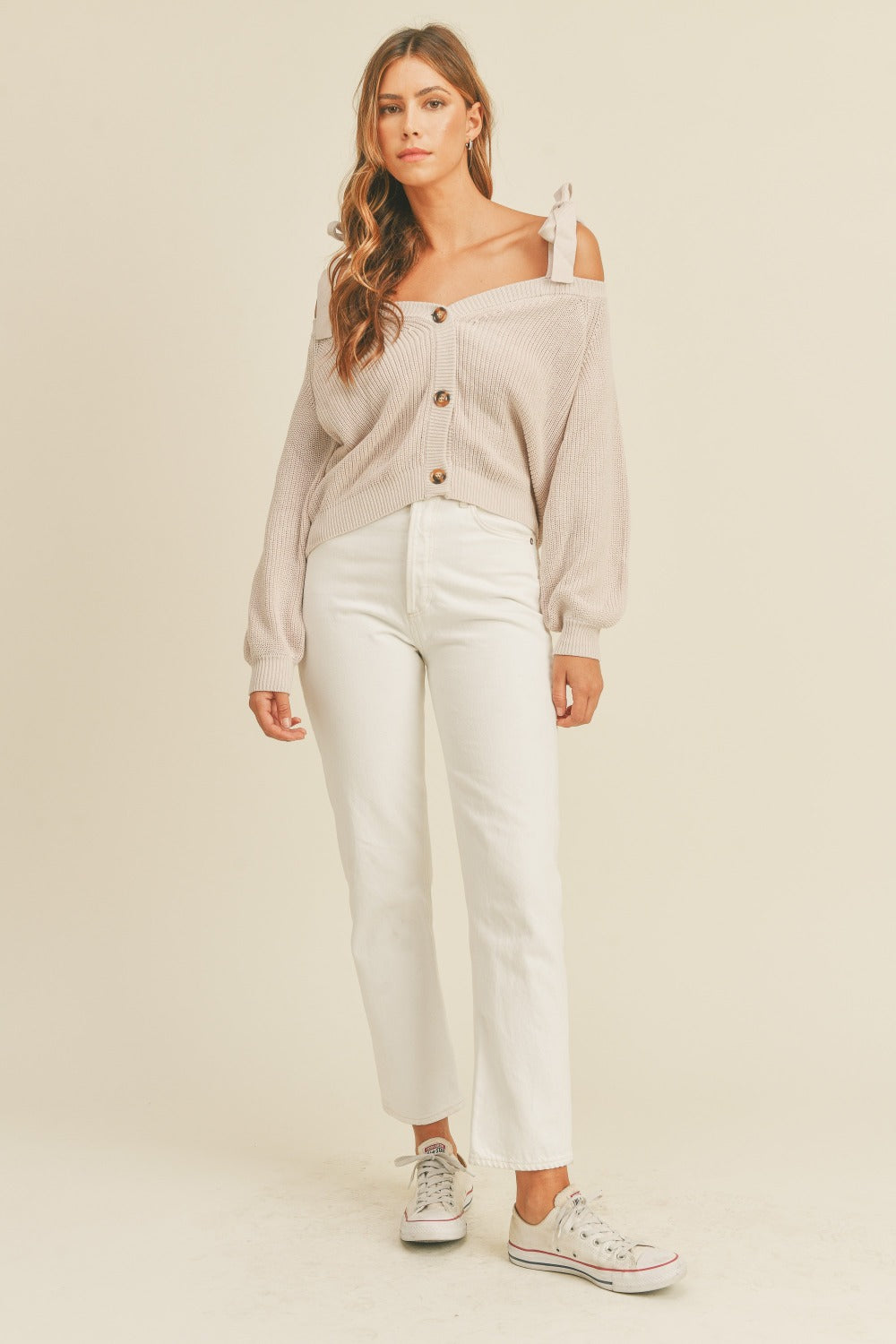 MABLE Off Shoulder Self Tie Strap Button Down Sweater - Charming Charlie