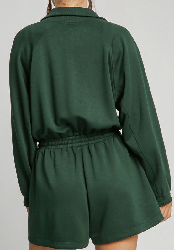Drawstring Half Zip Long Sleeve Romper - Charming Charlie