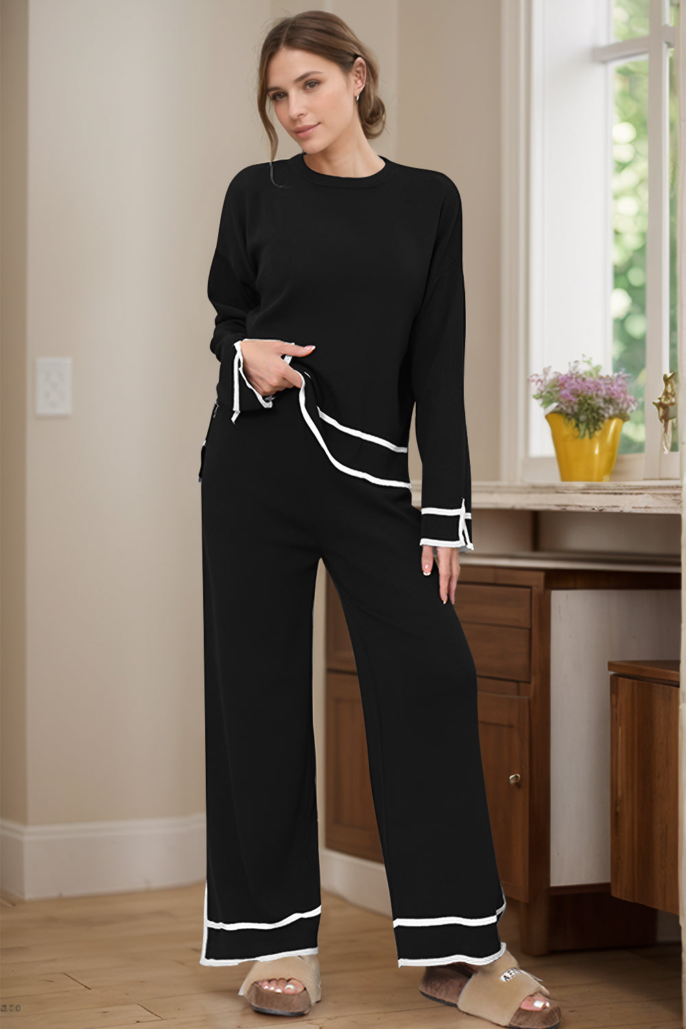 High-Low Round Neck Top and Pants Sweater Set - Charming Charlie