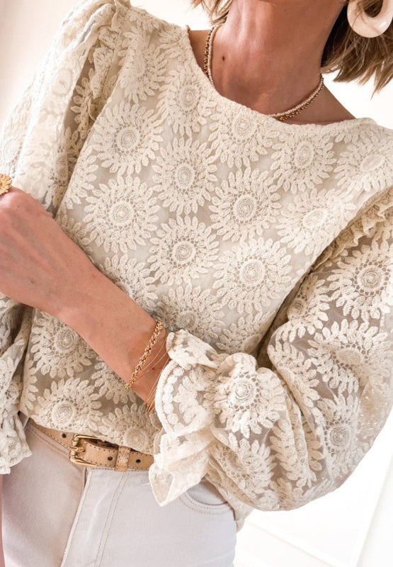 Flower Jacquard Flounce Sleeve Blouse - Charming Charlie