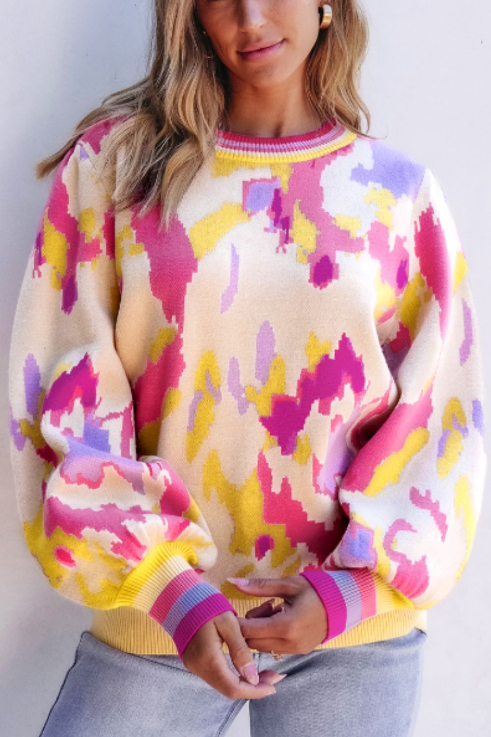 Contrast Round Neck Long Sleeve Sweater - Charming Charlie