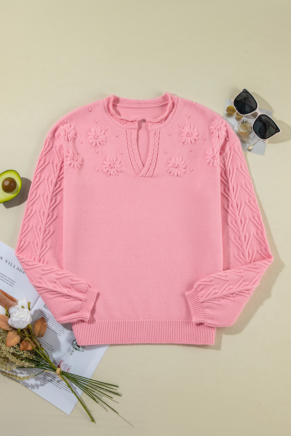 Daisy Notched Long Sleeve Sweater - Charming Charlie