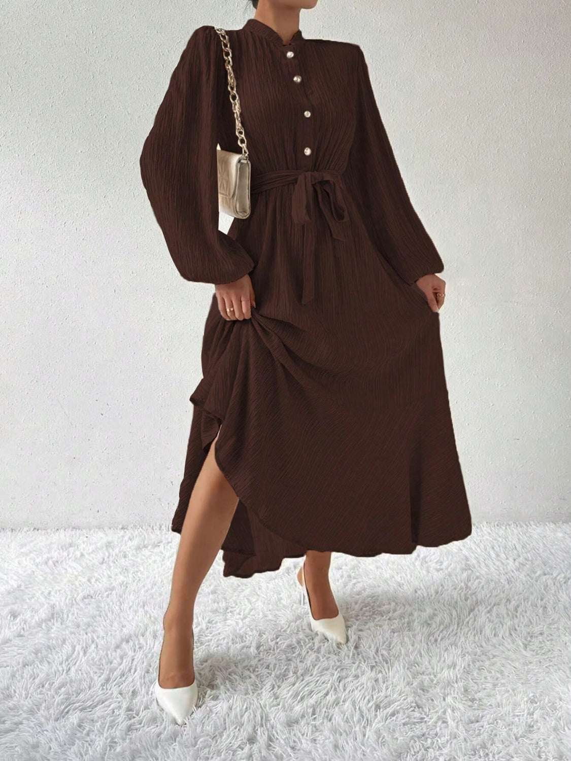 Half Button Tie Waist Long Sleeve Maxi Dress - Charming Charlie