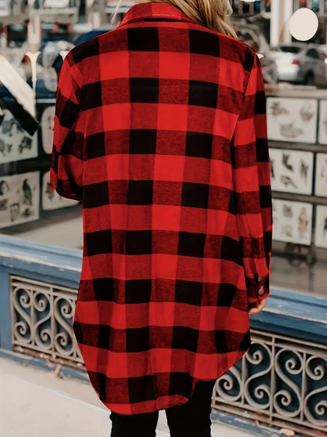 Plaid Collared Neck Snap Down Long Sleeve Jacket - Charming Charlie