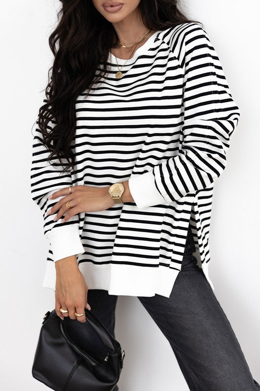 Stripe Raglan Sleeve Side Slits Loose Sweatshirt - Charming Charlie