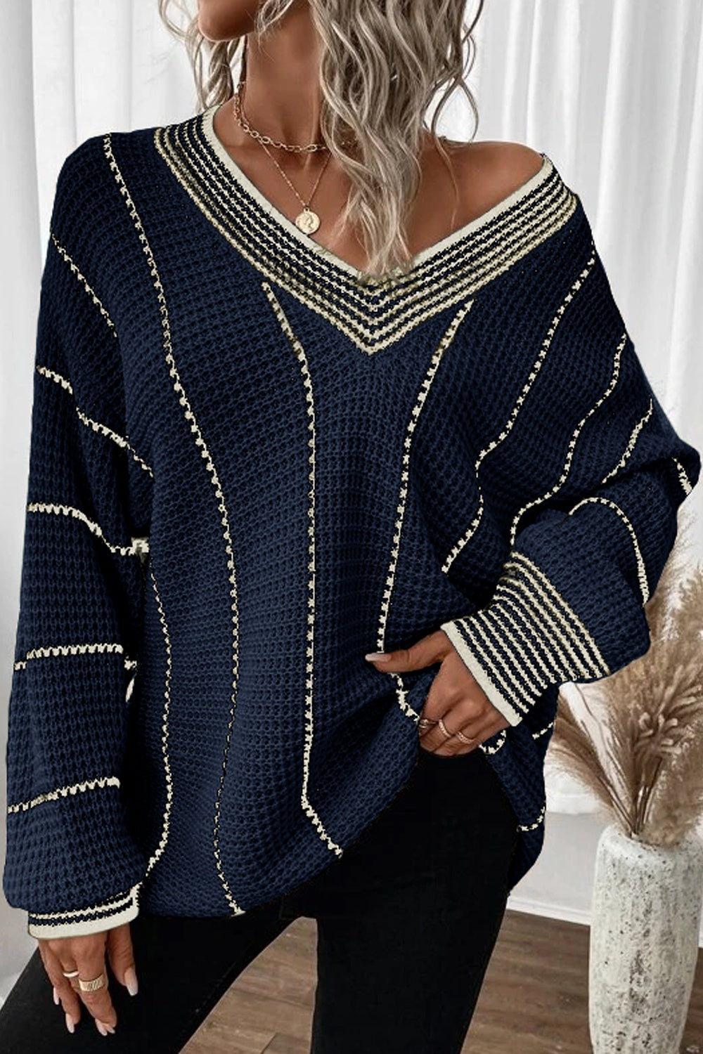 Striped V-Neck Dropped Shoulder Sweater - Charming Charlie