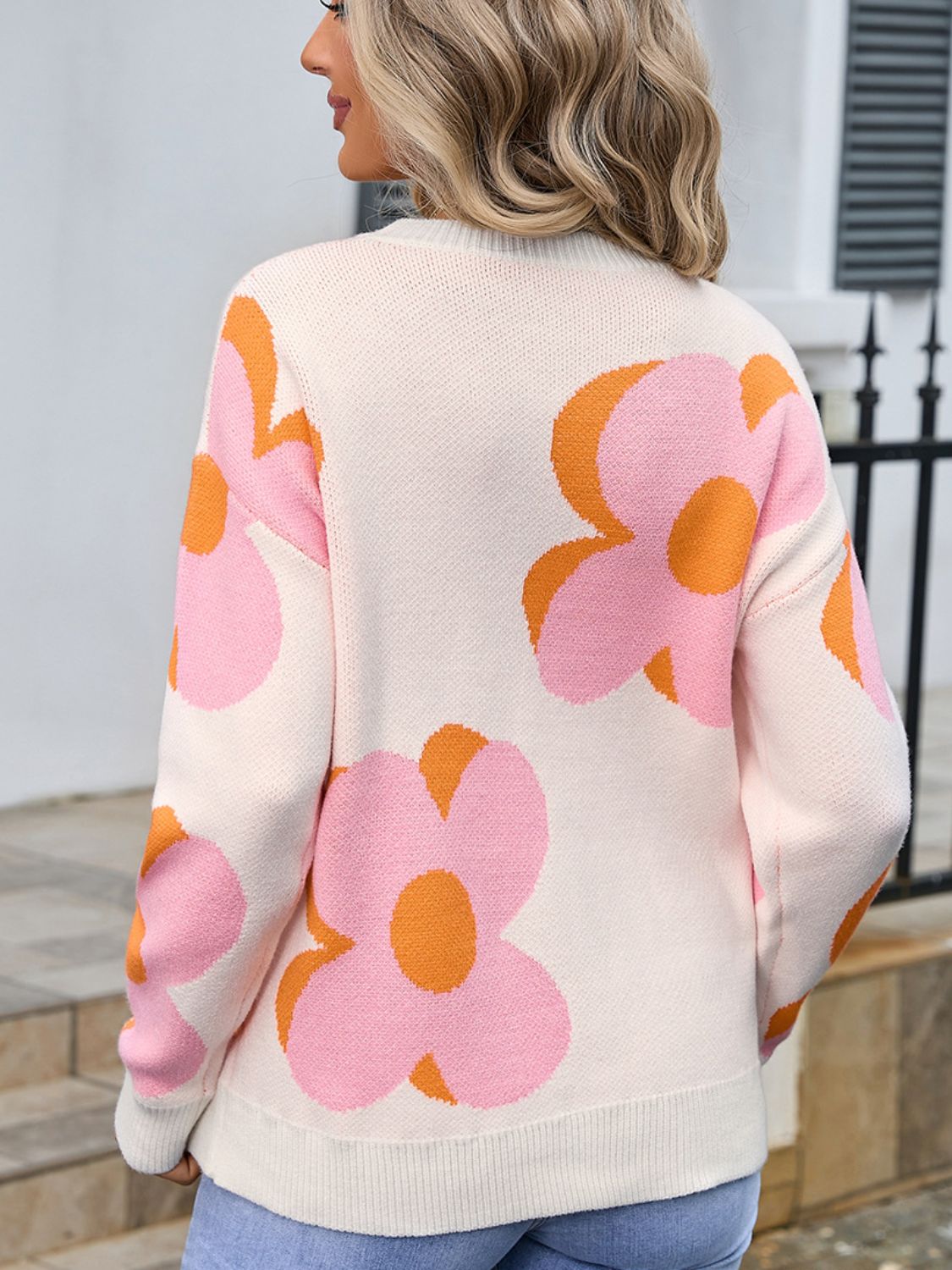 Flower Round Neck Long Sleeve Sweater - Charming Charlie