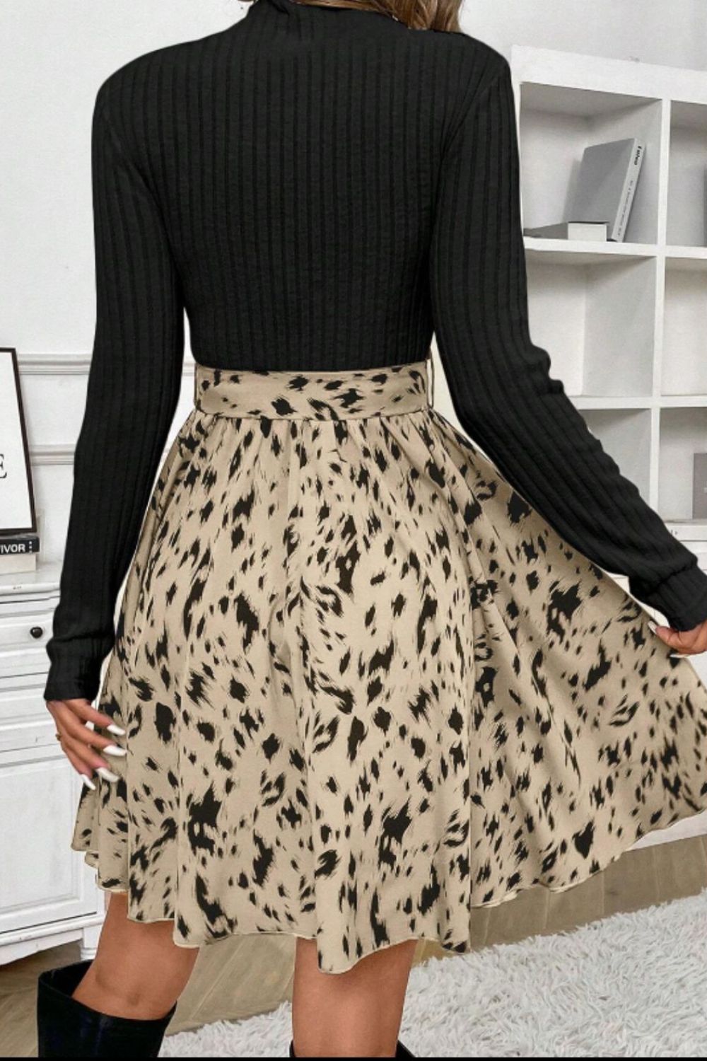 Printed Tie Waist Mock Neck Long Sleeve Dress - Charming Charlie