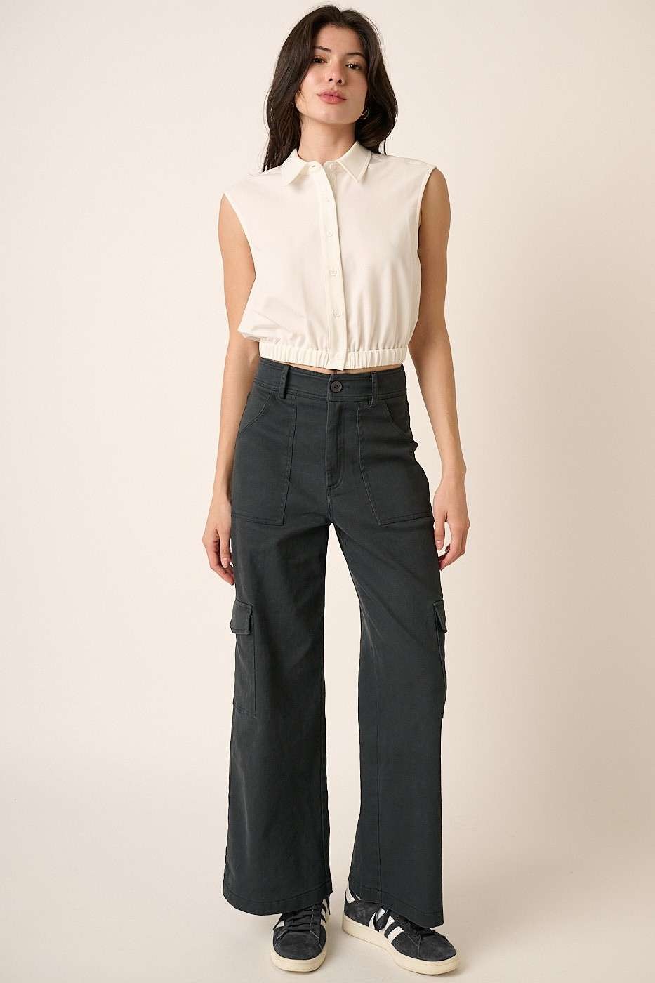 Mittoshop Wide Leg High Waist Pants with Cargo Pockets - Charming Charlie