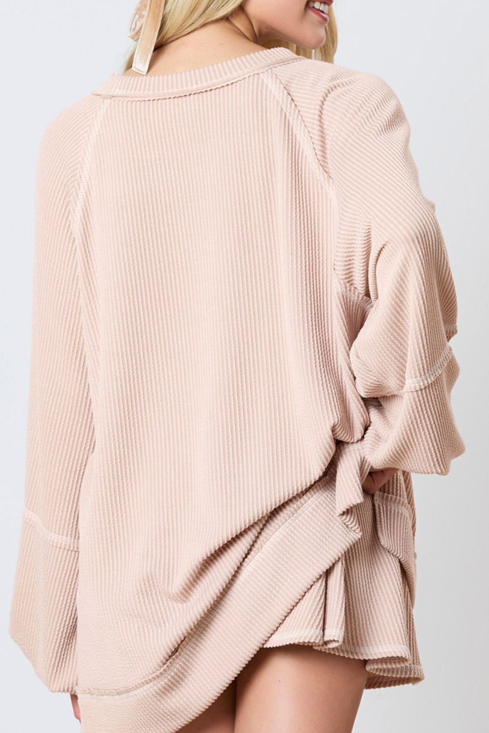 Texture Round Neck Long Sleeve Top and Skirt Set - Charming Charlie