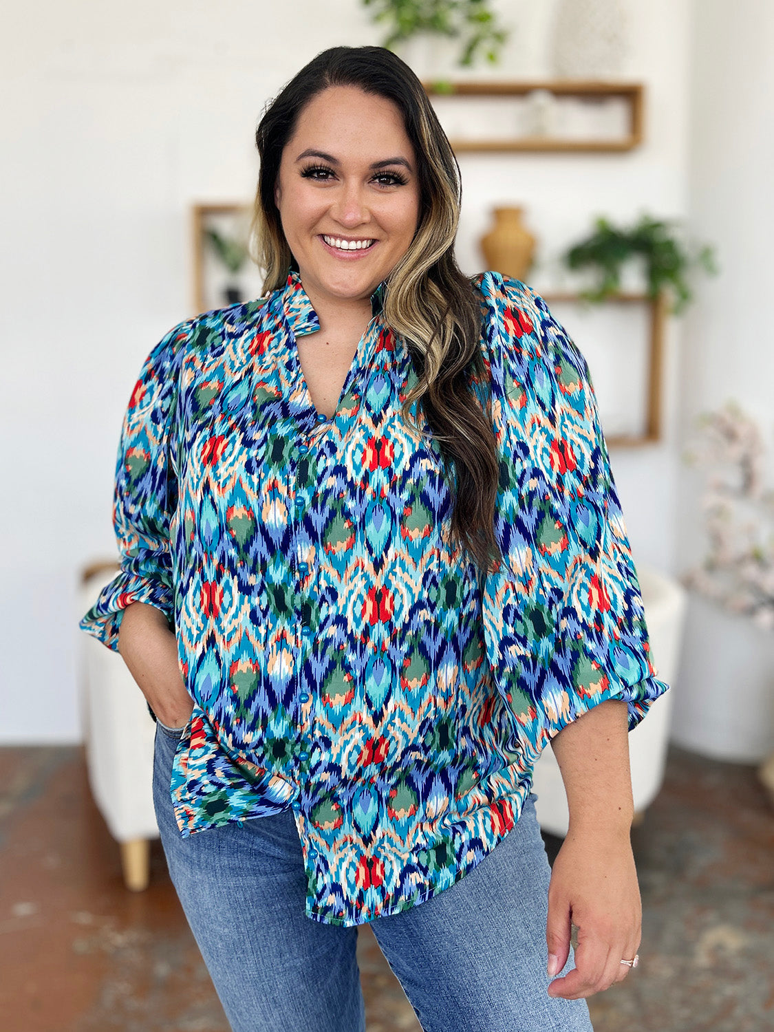 Double Take Full Size Printed Balloon Sleeve Blouse - Charming Charlie