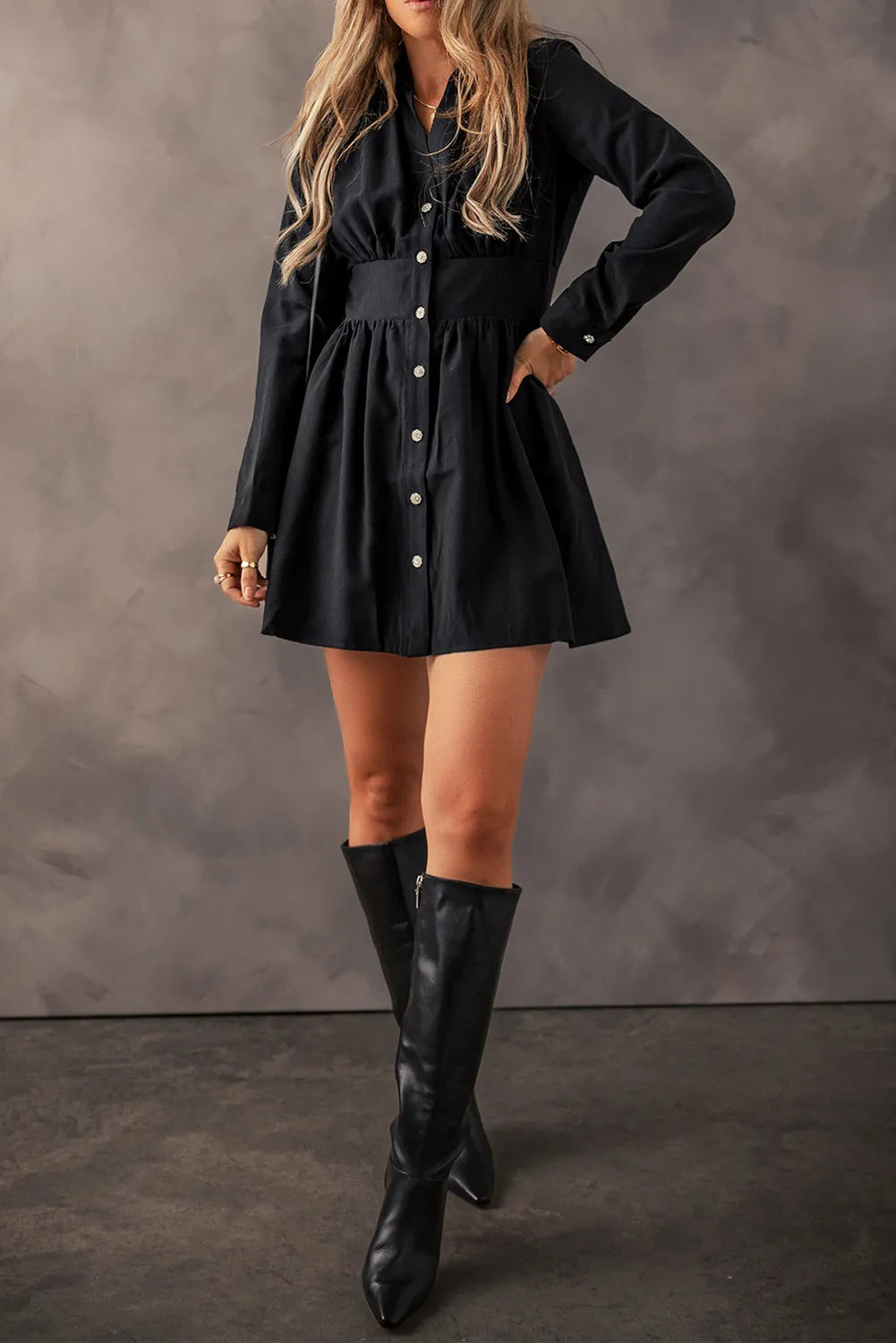 Ruched Button Up Long Sleeve Dress - Charming Charlie
