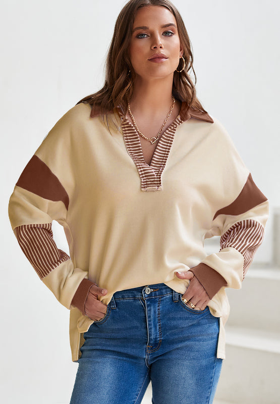 Color Block Johnny Collar Long Sleeve Sweatshirt - Charming Charlie
