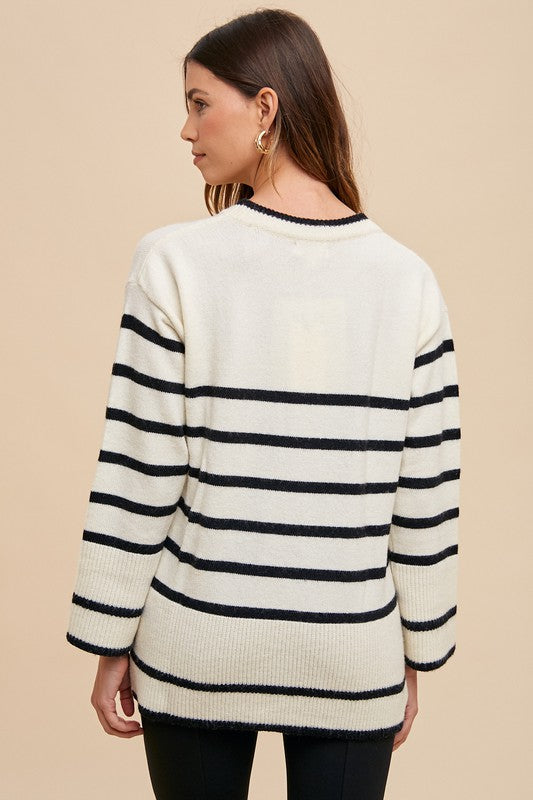 Annie Wear Side Slit Striped Round Neck Sweater - Charming Charlie