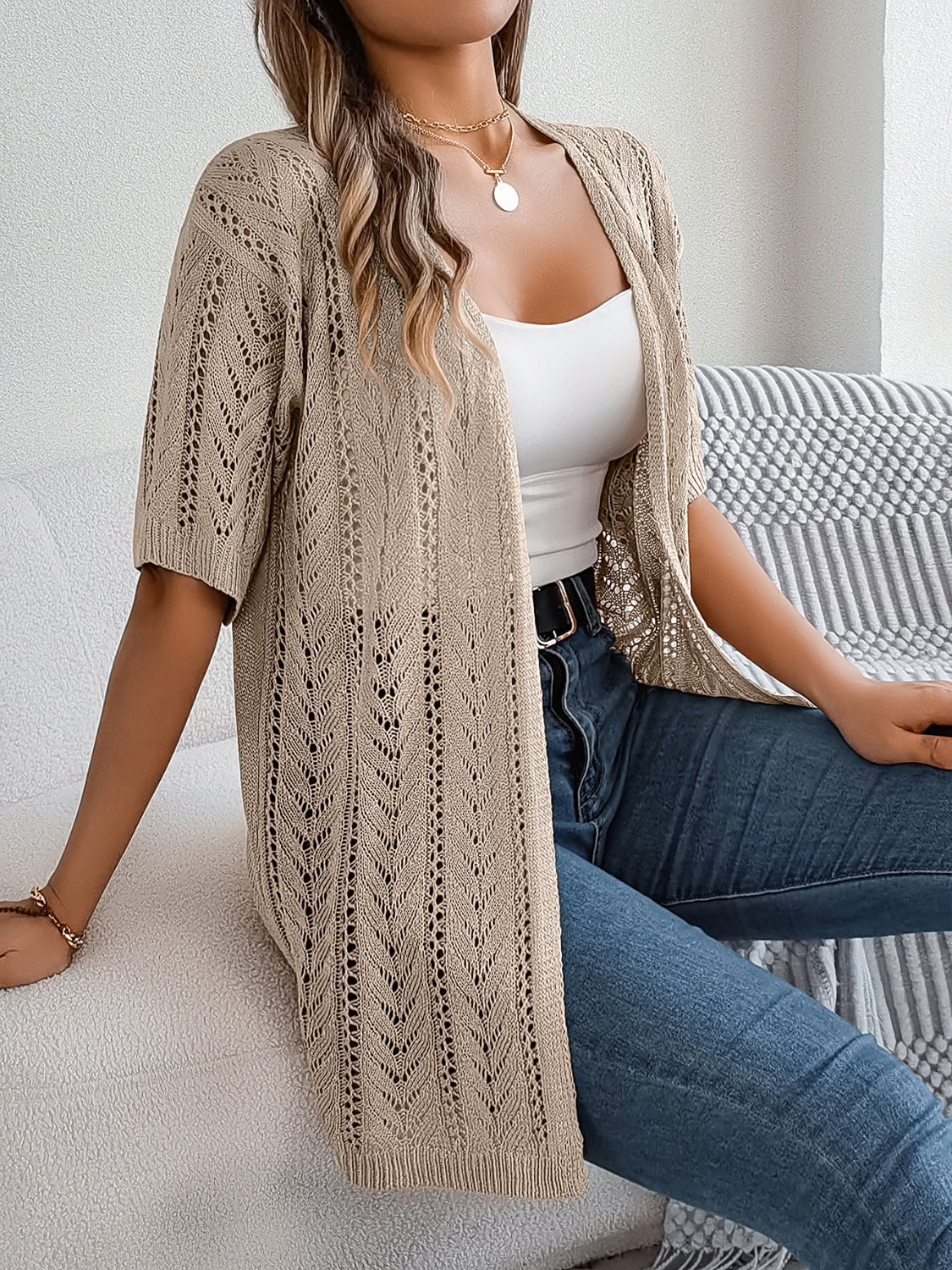 Openwork Open Front Half Sleeve Cardigan - Charming Charlie