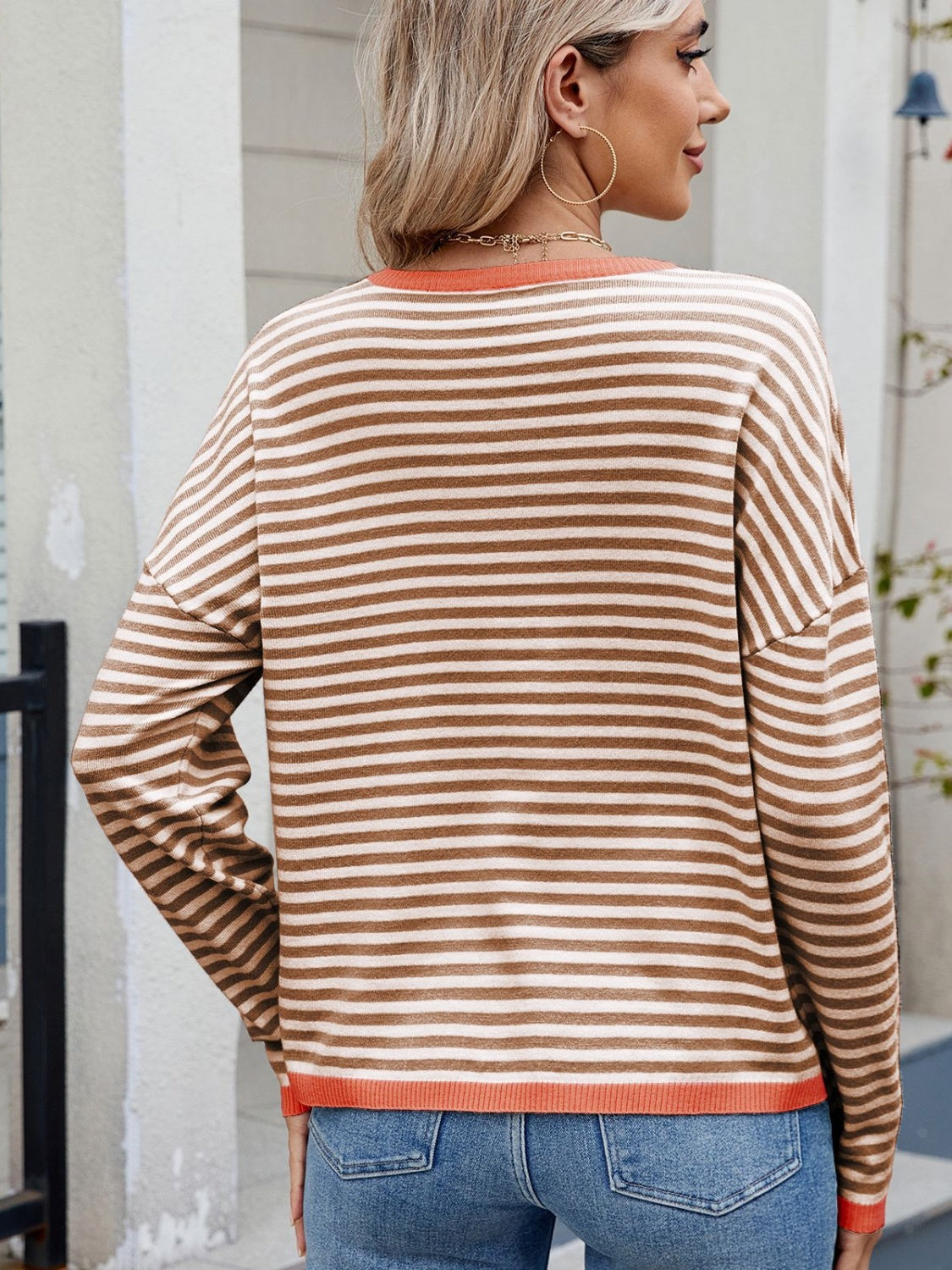 Striped Contrast Round Neck Long Sleeve Sweater - Charming Charlie