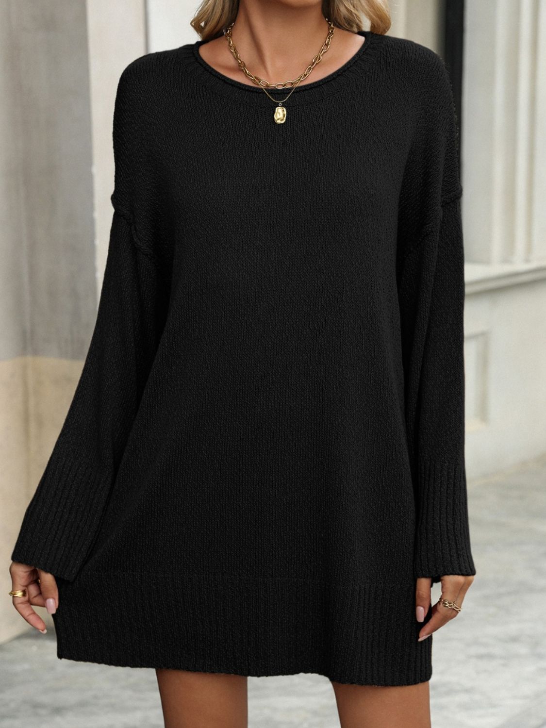 Round Neck Dropped Shoulder Sweater - Charming Charlie