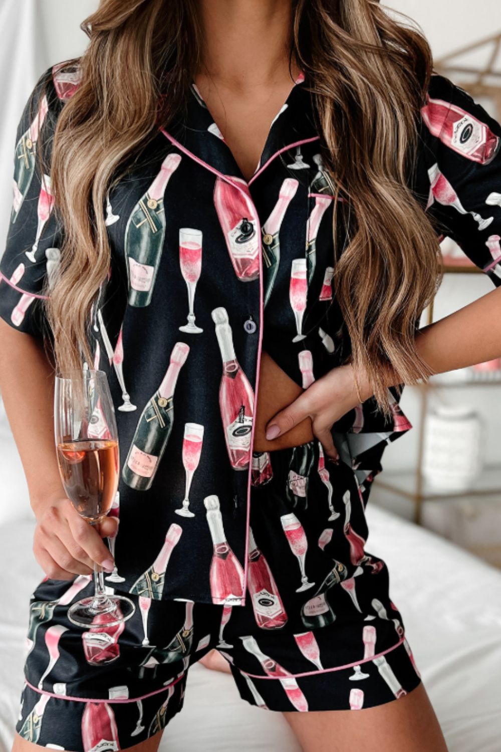 Champagne Print Short Sleeve Top and Shorts Set - Charming Charlie
