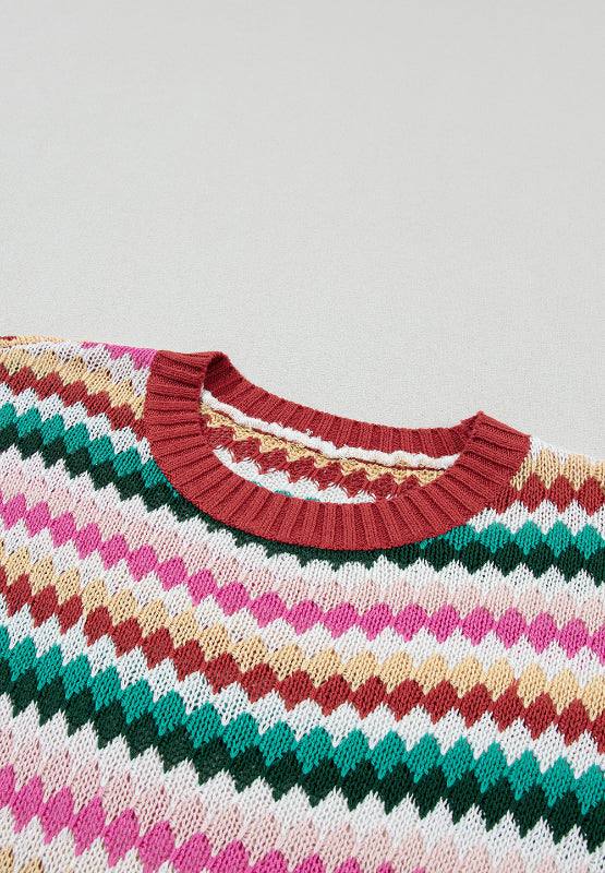 Contrast Round Neck Short Sleeve Sweater - Charming Charlie